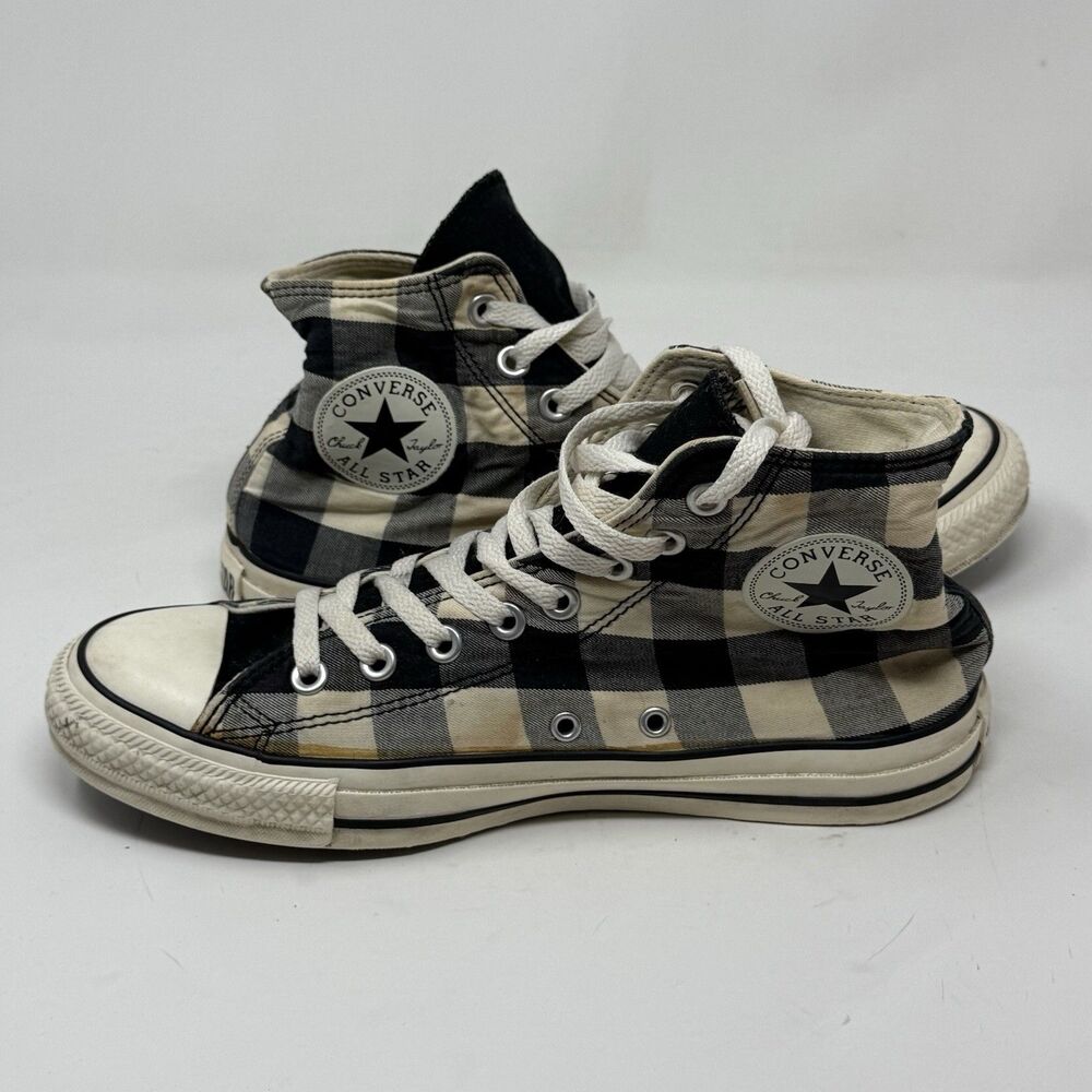 Converse All Star High Shoes Womens 9 Black Ivory Check Plaid Canvas Sneakers